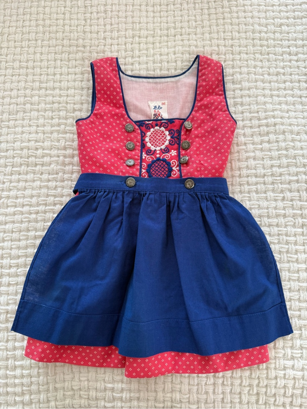 Vintage German Pink and Blue Embroidered Bodice Dress with Apron